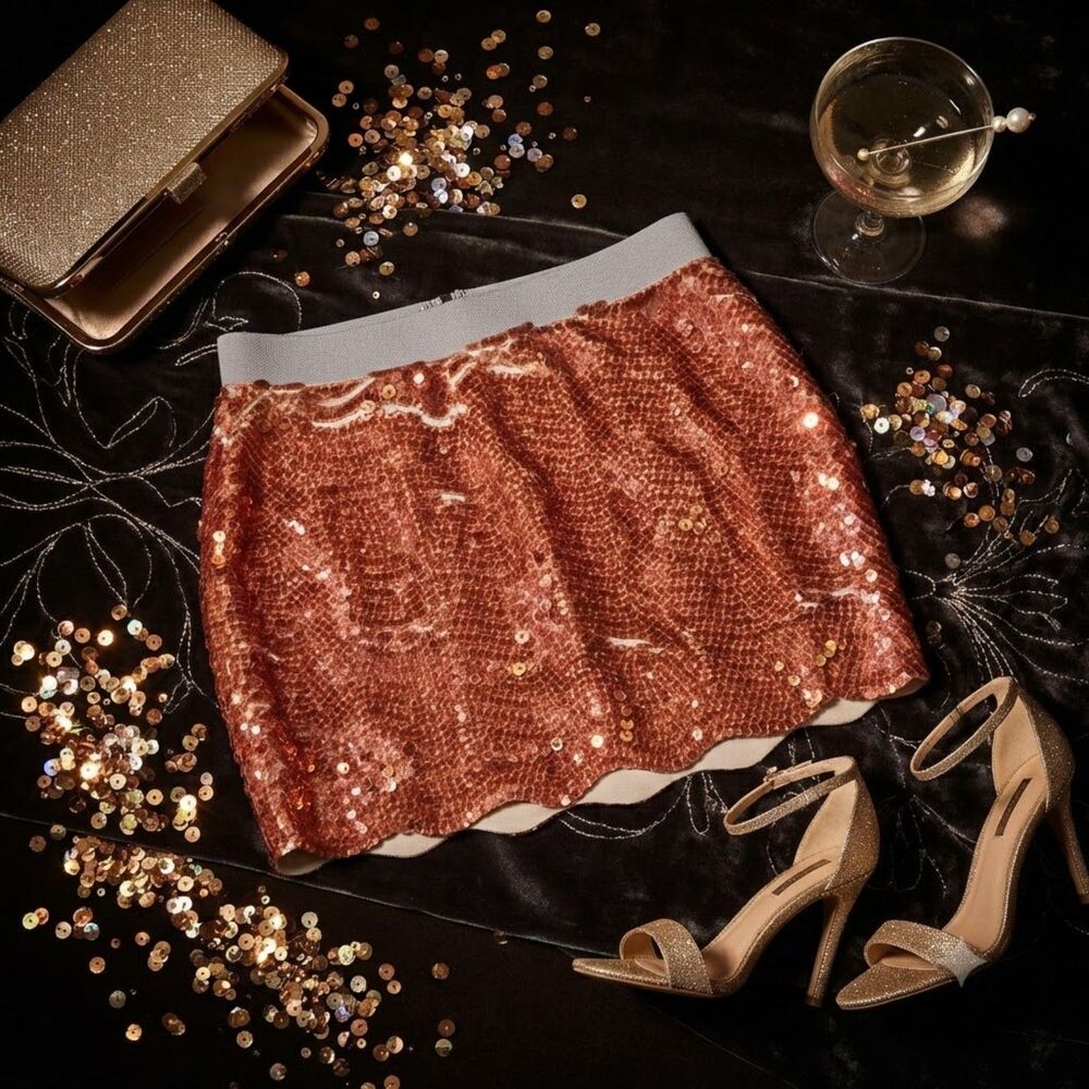 BCBG Maxazria Rust Sequin Mini Skirt Size XXS Zip Back Excellent Condition